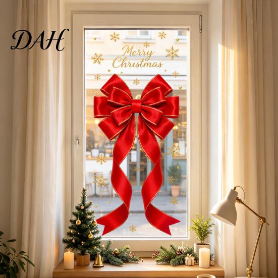 Holiday Window Decorations Static Glass Sticker, Christmas Theme Bow Pattern Print, Removable Door Electrostatic PVC Film for Home And Store