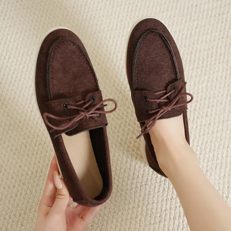 

Мода Осень Новые Балетки Женская Мода Круглый Носок Замша Шнуровка Спереди Мягкая Подошва Нескользящие Удобные Туфли с Низким Верхом 36