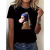 Women's Creative Print T-shirt, Round Neck, Short Sleeves, Casual Fashion, Loose Fit, Elegant Vintage Top