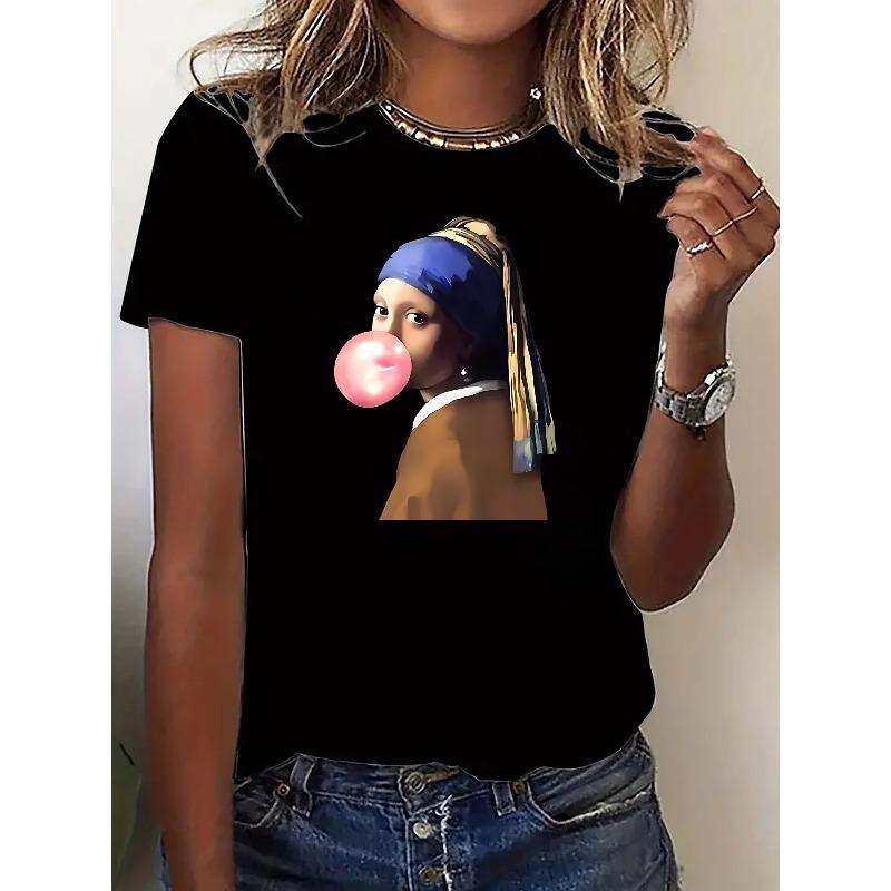 Women's Creative Print T-shirt, Round Neck, Short Sleeves, Casual Fashion, Loose Fit, Elegant Vintage Top