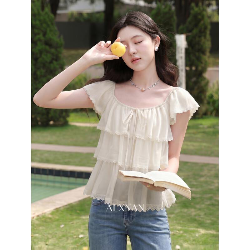 French Style Apricot Short Sleeve Chiffon Blouse S