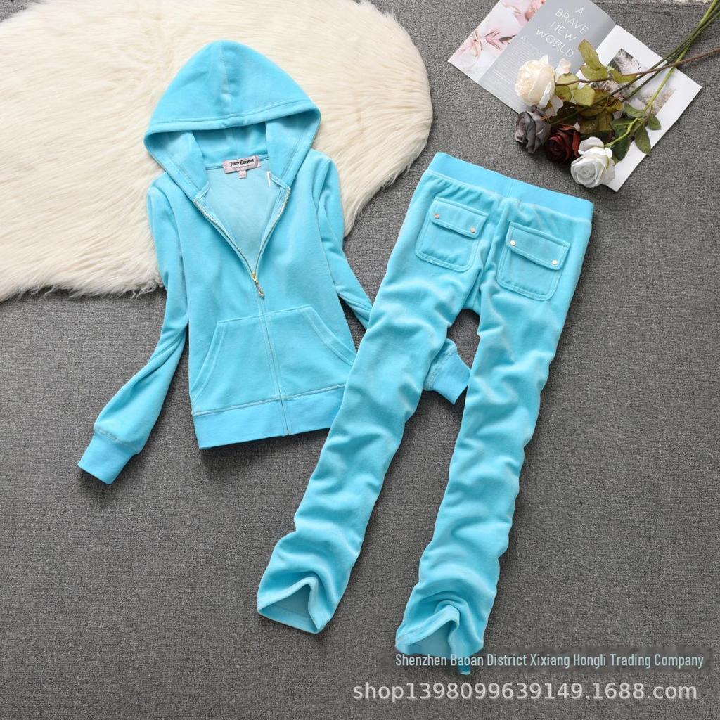 Women's Velvet Sports Leisure Suit with Rhinestone Zipper - Solid Color, Perfect for Spring and Autumn