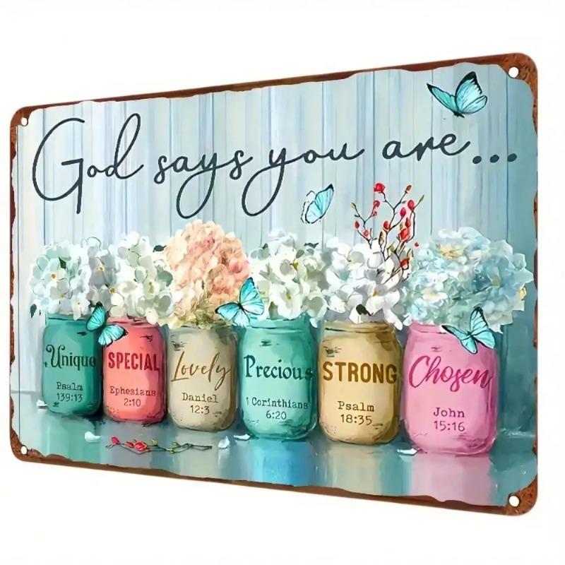 Christian Metal Plaque God Says You Are Floral Jar Decor Religious Home Art 20x30cm