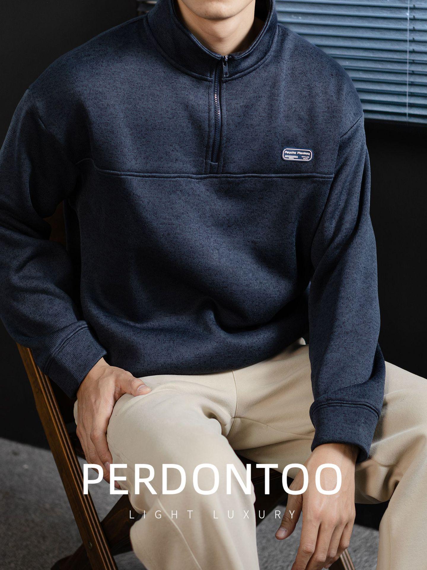 

Men s Heavyweight Wool Fleece Half-Zip Stand Collar Sweatshirt - Old Money Style, Winter Warm Patchwork Design XL темно-синього кольору