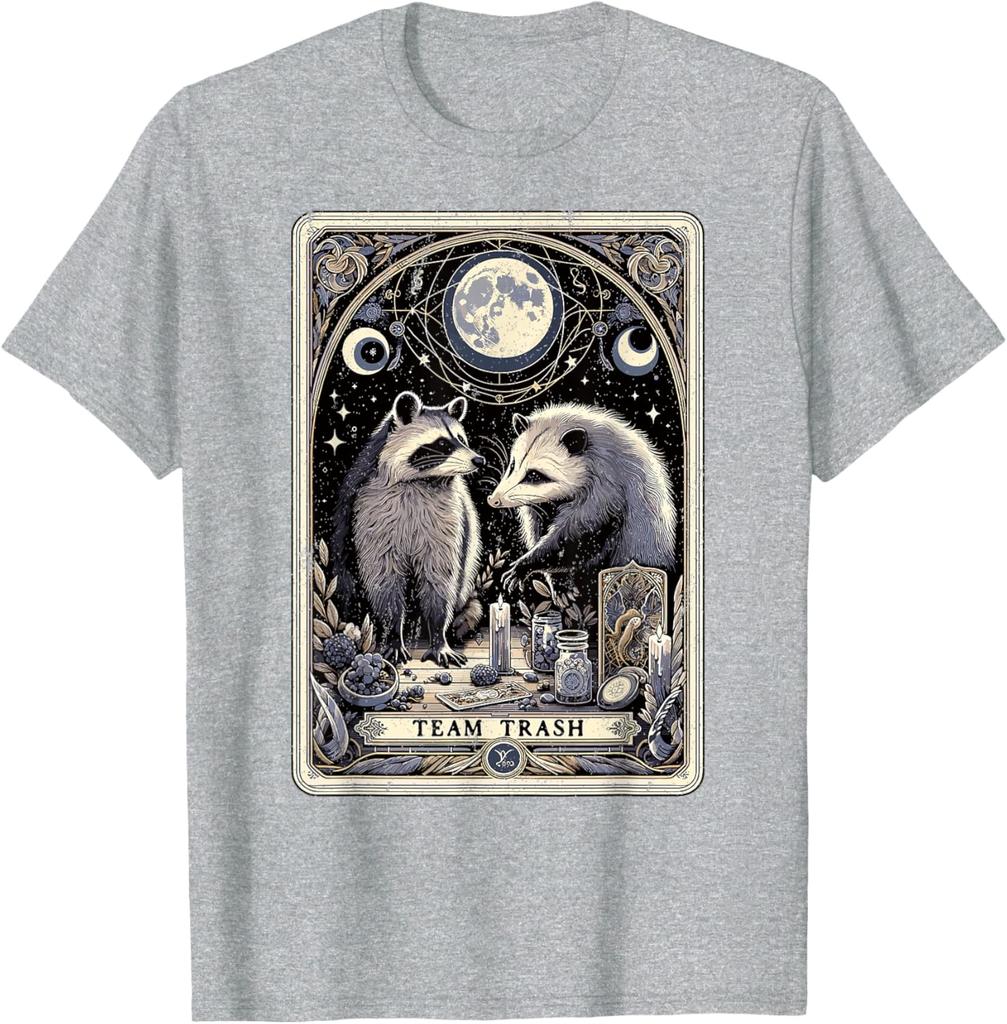 Team Trash Raccoon Opossum Tarot Card Graphic Print Cotton Short Sleeve T-Shirt Casual Trip