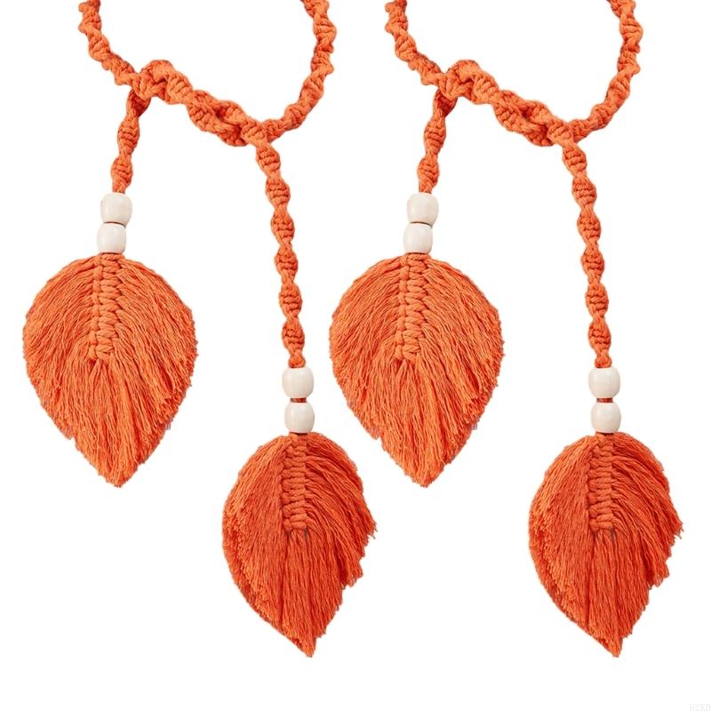 62KD 2Pcs Window Curtain Handknitted Tiebacks Bohemian Leaf Tassels Curtain Holdbacks with Wooden Beads for Drapes Tiebacks