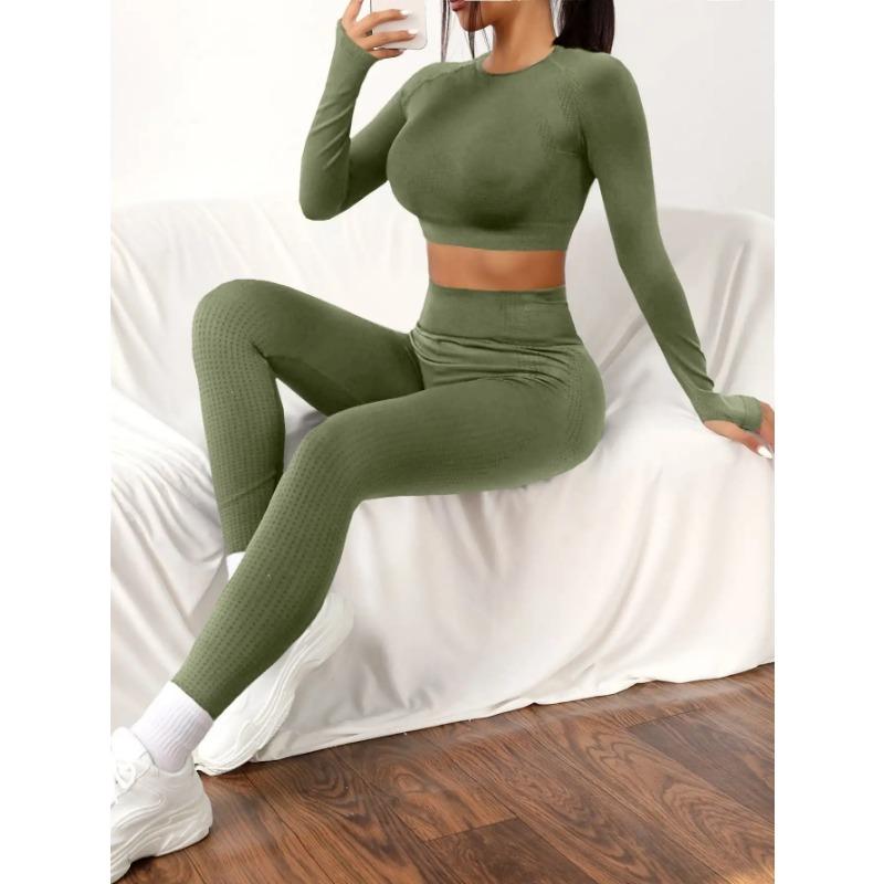 Two-piece Seamless Sports Training Suit,Long-sleeved High-waisted Round-neck Trousers Tight Leggings Women's Sportswear