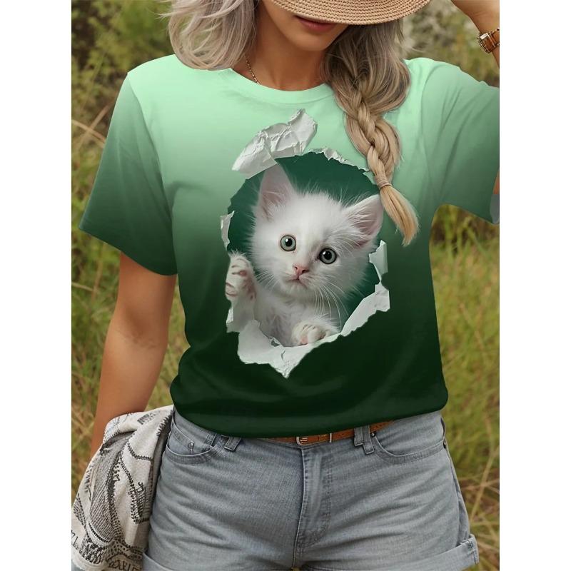 Stylish Animal Cat Print Tops Loose Crew Neck Tops Versatile T-Shirts Women’s