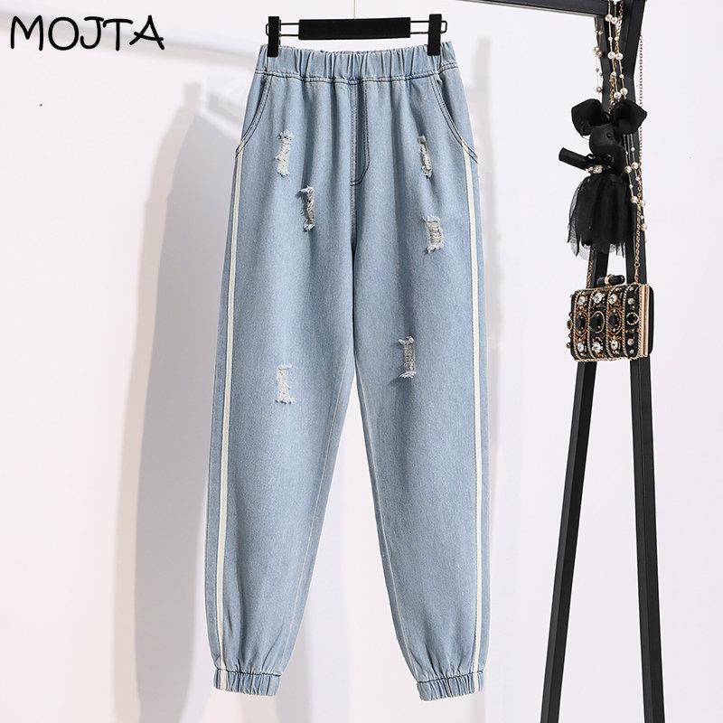 

Джинсы MOJTA больших размеров, весенне-осенние женские эластичные брюки-харен с высокой талией, свободные повседневные женские брюки