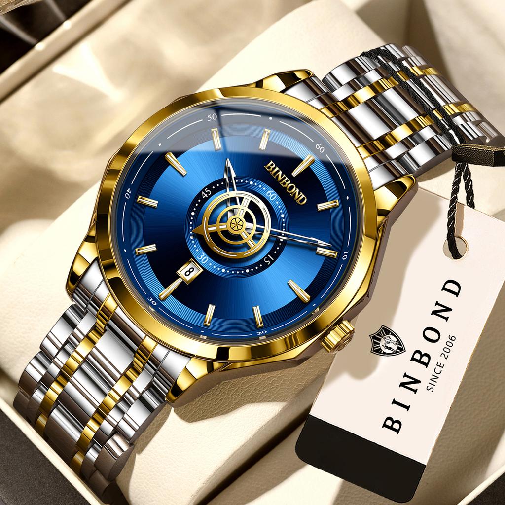 BINBOND Orginal Men's Waterproof Luminous Quartz Watch For Men Luxury Auto Date Sturdy Wristwatch Casual Reloj