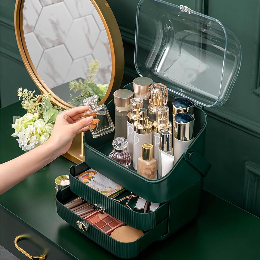 3 Tiers Makeup Organizer Holder Cosmetic Storage Box with Dust Free Cover Portable Handle 2 Rroomy Drawers
