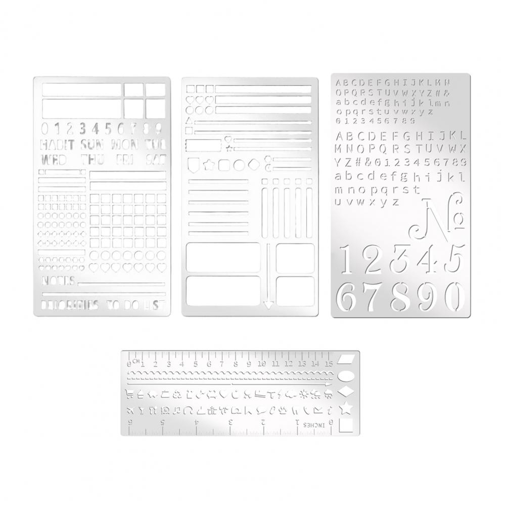 

4Pcs Metal Planner Stencil Set Engraving Stencils For Journaling Scrapbooks Rulers Numbers Letters Decorative Shapes Templates