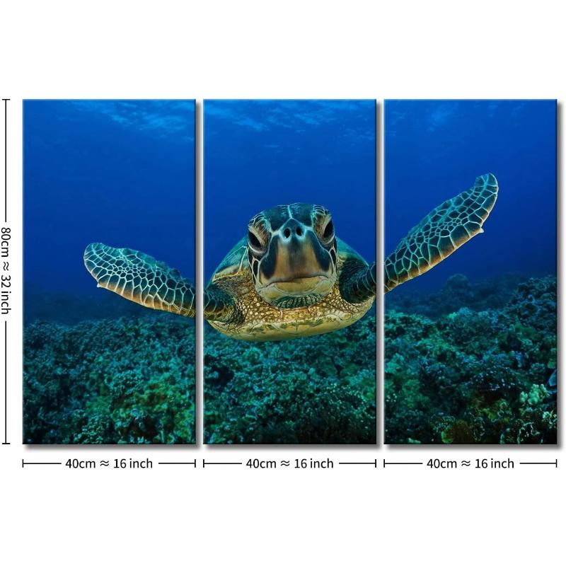 Turtle In the Blue Ocean Canvas Pictures Artwork 3 Panel Marine Life Painting Prints for Bathroom Living Dining Room Kitchen No Frame