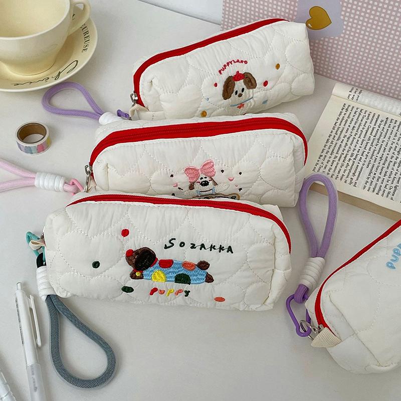 

Embroidery Puppy Pencil Case Large Capacity Pen Bag Stationery Organizer Makeup Bag Sundry Storage Bag