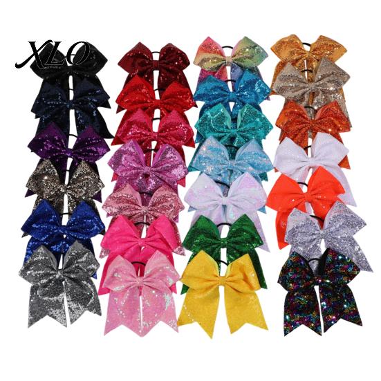 Stage Costume Accessories Sequins Hair Bows, Elastic Tie, Large Cheerleading Shiny Bows for Girls Band Ponytail Holder, Glitter Scrunchies Women Teens