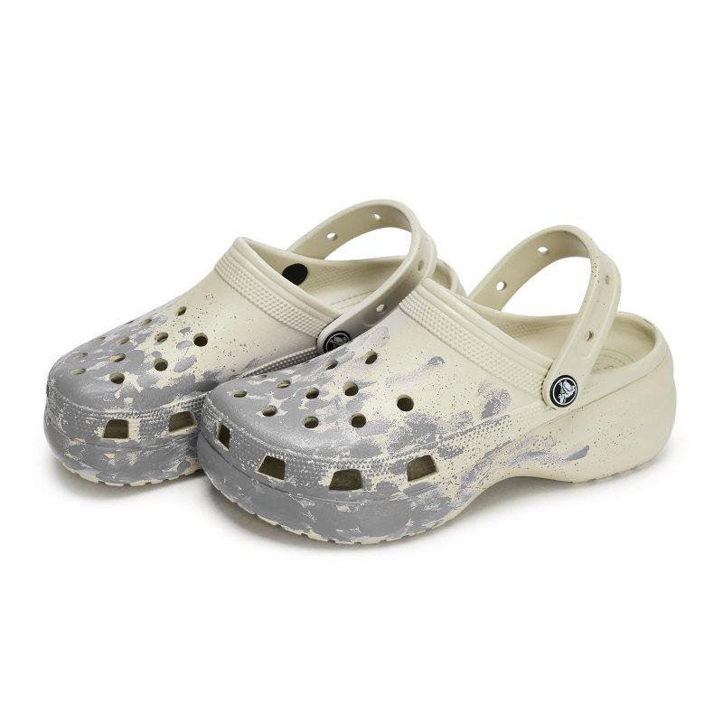 Crocs Classic Platform Clog 811 Manufacturing Explosion Scene Special Shoe Box Fluid Splash Ink Hole Shoes Women's Bone White Grey