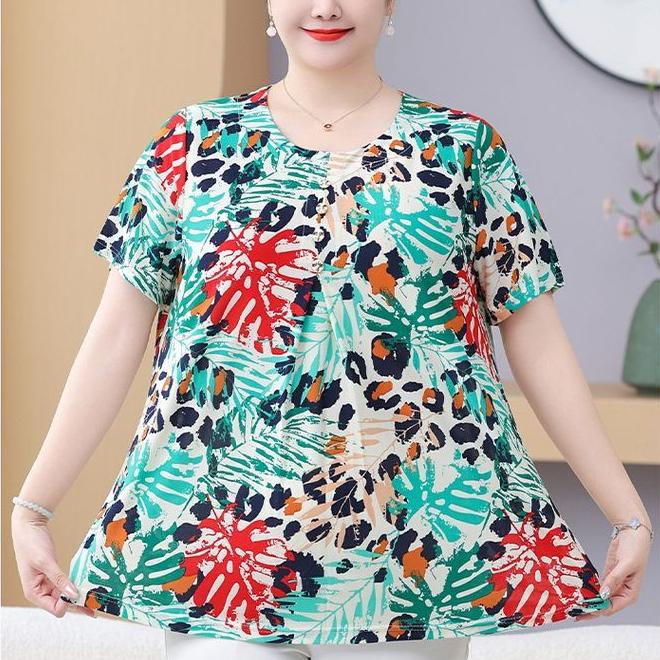 Summer Women's Print Blouse Loose Short Sleeve T-shirt Round Neck Plus Size Blouse 3XL-8XL