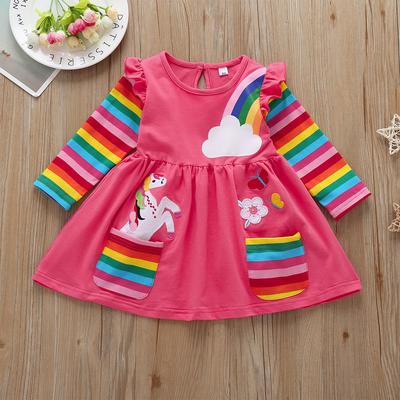 Kids Toddler Girls Long Sleeve Dress Cartoon Rainbow Stripe Party Casual Clothes
