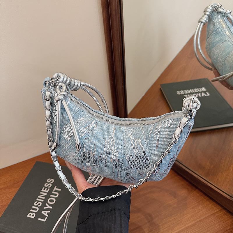 Denim Bag Female Popular New Trendy Fashion Simple Armpit Bag Chain Sequined Portable Shoulder Bag