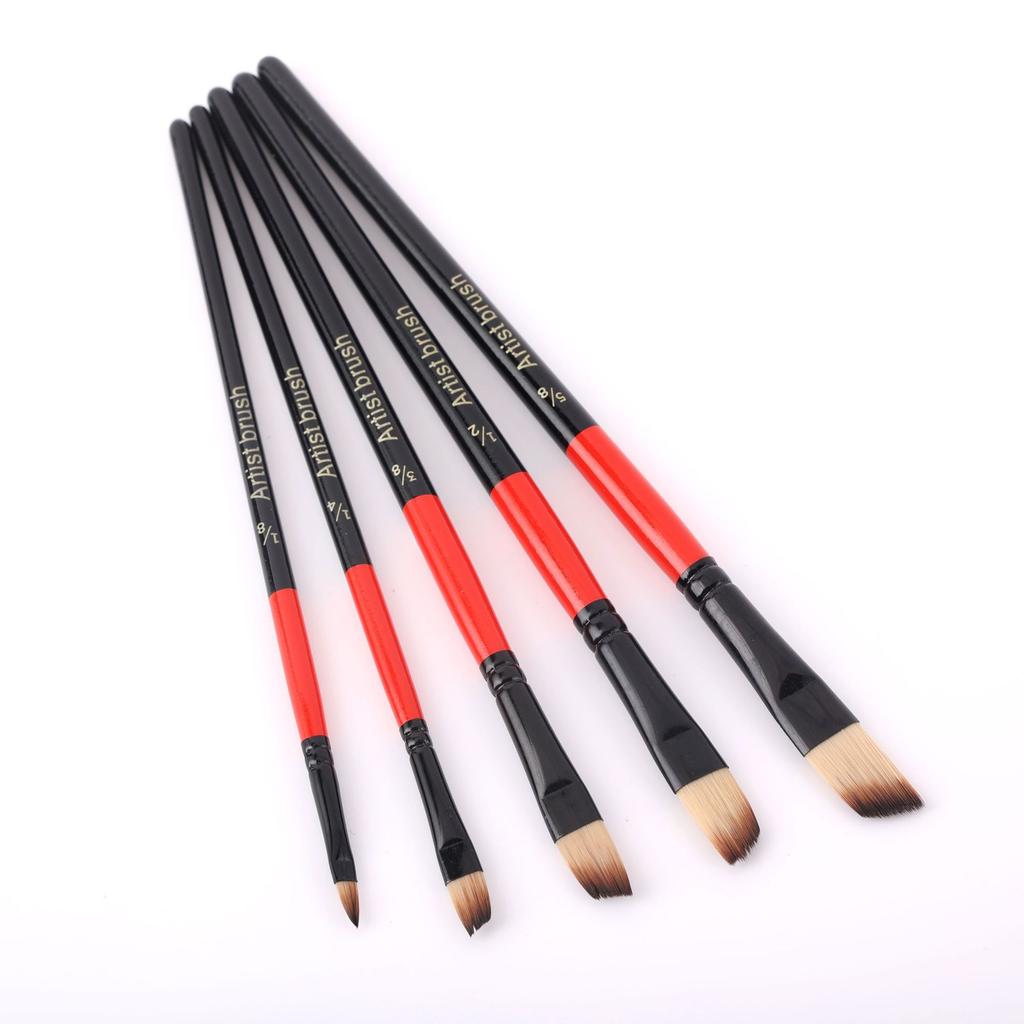 5pcs Wooden Short rod nylon hair oil brush flat head children's painting watercolor pen round head acrylic paint oil brush set