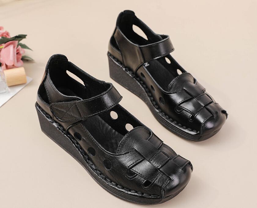 Cowhide Retro Wedges Sandals For Women's Summer New Cow Tendon Soft Sole Genuine Leather Mother's Shoes Thick Sole Women's Shoes