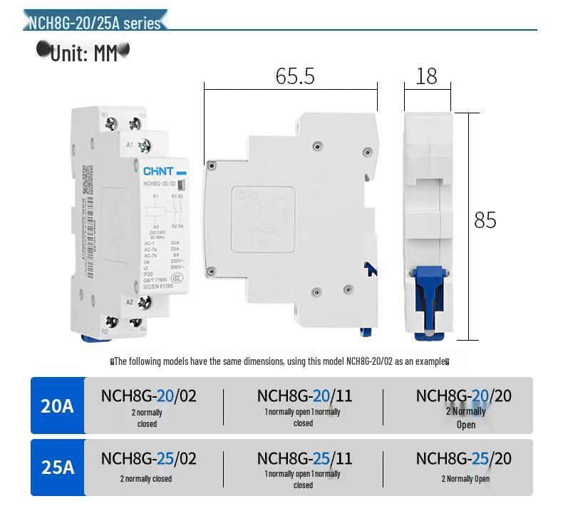 Chint Household AC Contactor 220V Single-phase NCH8G, 40A/63A, DIN Rail Type, 25A Miniature, 20A Single P