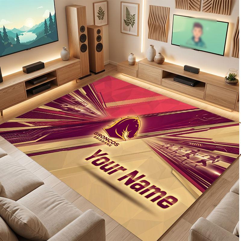 Brisbane Broncos Personalized Crystal Velvet Carpet, Customized Name Text Soft Anti‑Slip Rug for Living Room Bedroom