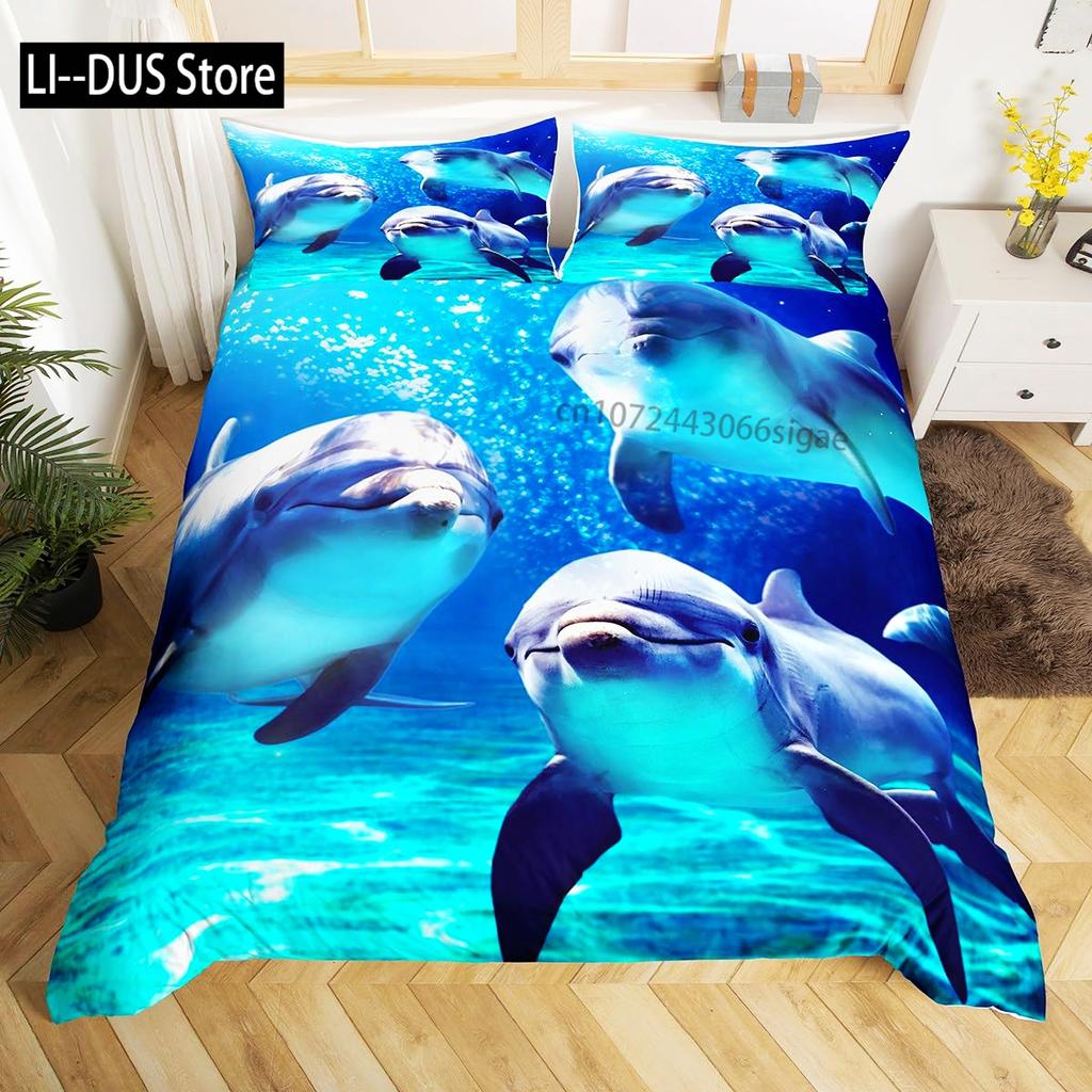 Galaxy sängkläder delfin täcke för barn vuxen påslakan havsdjur sängöverkast stjärnhimmel blå rumsdekor 3 delar