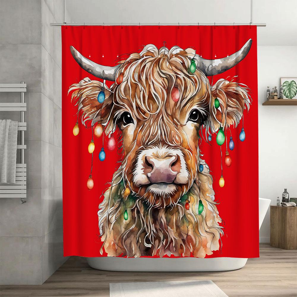 Watercolor Highland Cow Shower Curtain Christmas Lights Rustic Farmhouse Decorative Bath Linen Red Background With Multicolor Fl
