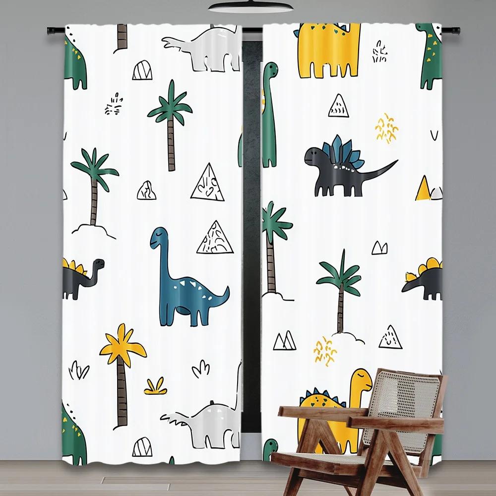 Set Of 2 Flat Printing Window Drapes Colorful Coon Dinosaurs Digital Printed Polyester Festive Wall Decor Perfect Curtain