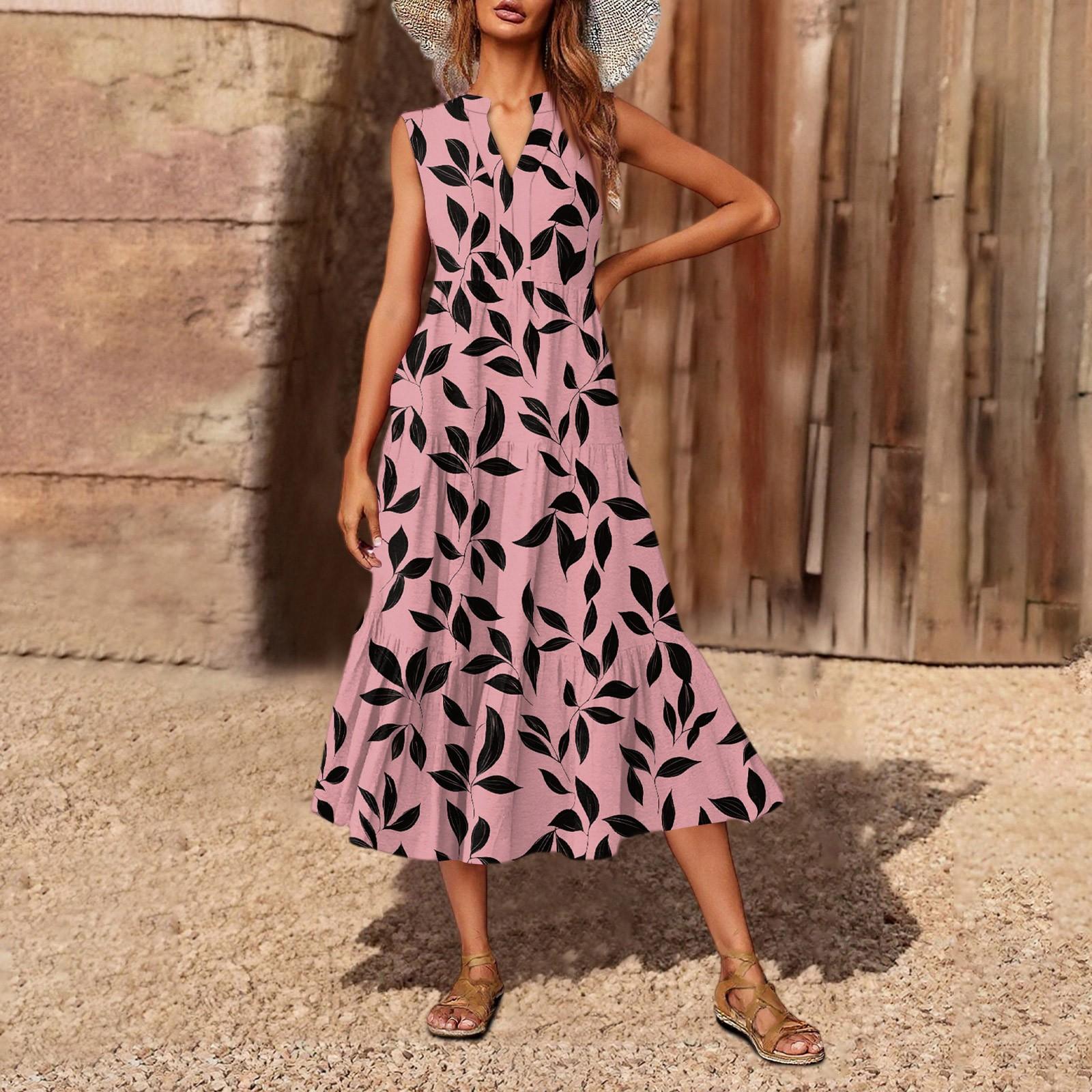 

Женское повседневное и модное платье средней длины с V-образным вырезом без рукавов и принтом L розовый