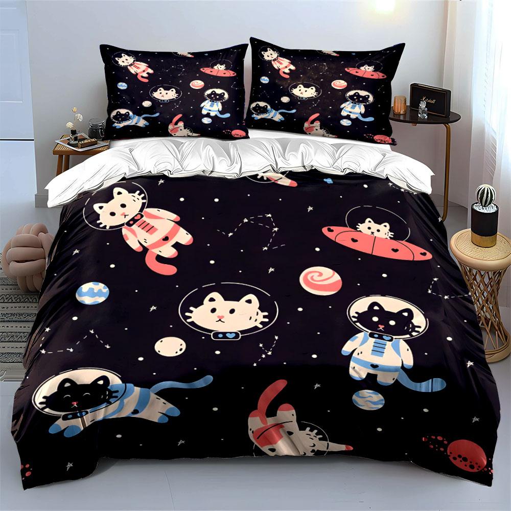 Space Cat Trio Adventure Design  Kid'S And Adults' Bedroom Decor, Exquisite Three-Piece Bedding Set Gift