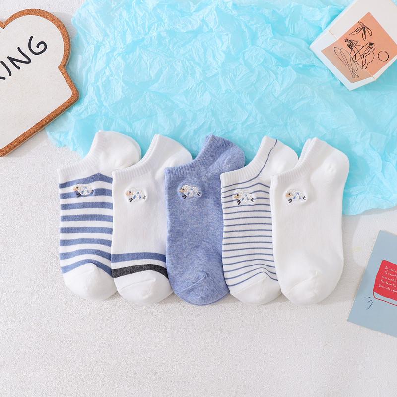 5 Pairs Women Socks Harajuku Embroidered Short Sock Female Cartoon Sock Sheep Striped Solid Casual Cotton Breathable Ankle Socks