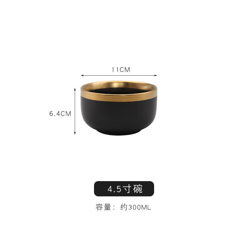 Matte Black Ceramic Dinnerware Set with Gold Trim 1PC Bowls Plates Soup Dishes Ins Style Tableware