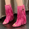 Fashion Designer Fringe Wedges Boot Sandals Woman High Heels Open Toe Party Prom Shoes 2025 Sexy Zipper Female Pumps Women Boots