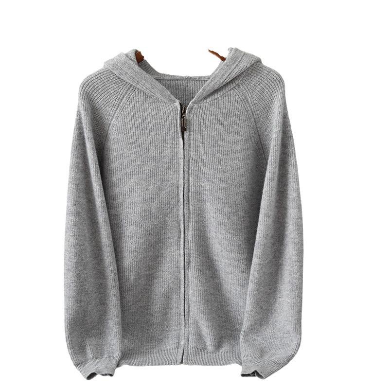 All-Wool Knitted Cardigan, Men'S Autumn/Winter Zip-Up Hooded Sweater, Loose Cashmere Simple Sweater