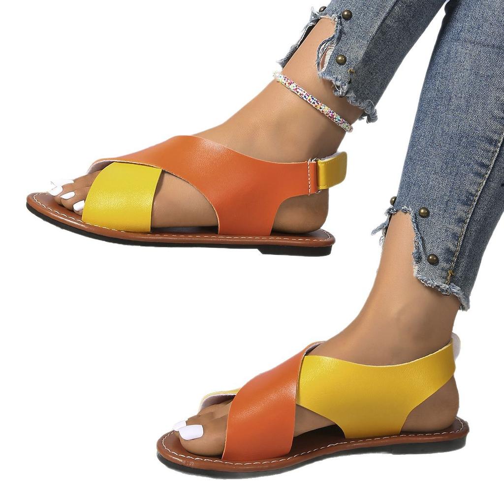Large Size One-word Buckle Flat-soled Sandals for Women's New Color Matching Bottom Open-toed Flat-soled Sandals for Women