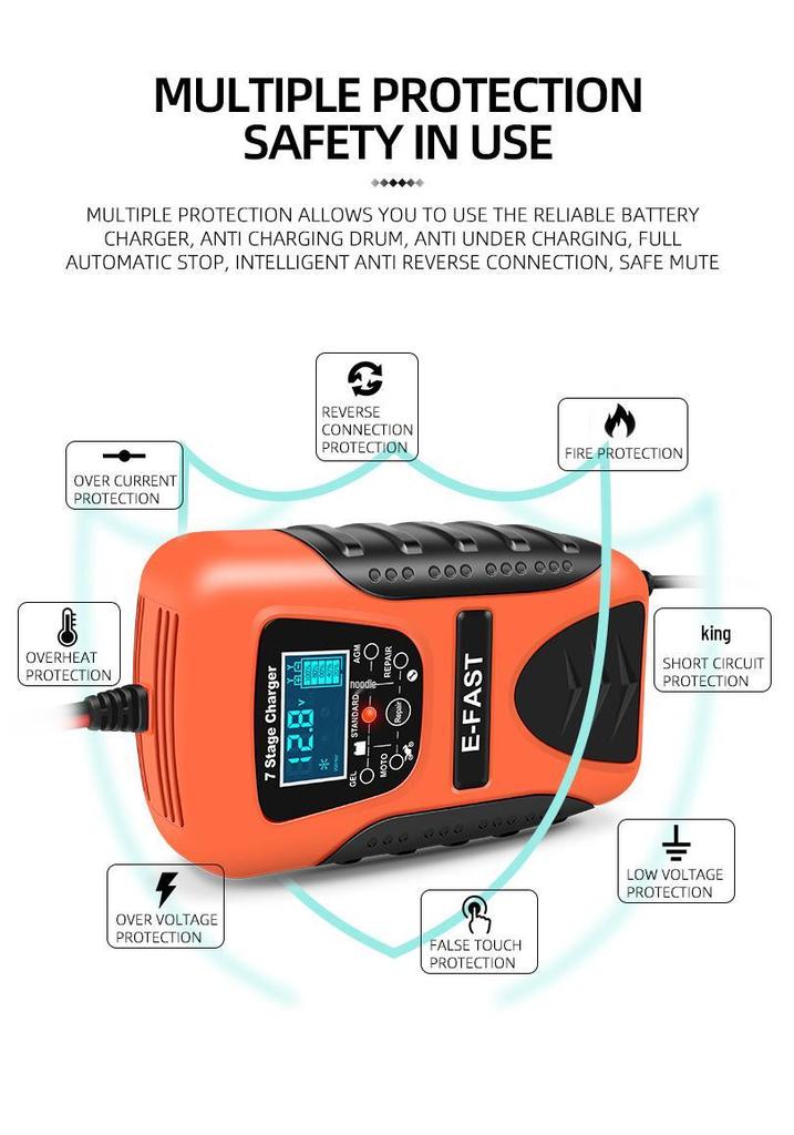 E-FAST 12V 7-Stage Charger for Car and Motorcycle Batteries with Current, Voltage, and Battery Level Display.