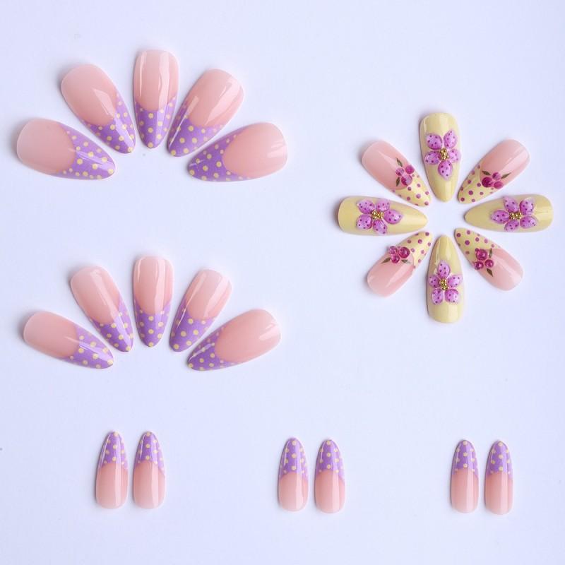 3D Gel Nail Tips With Floral Polka Dot French Almond Shape Press-On Nails Women