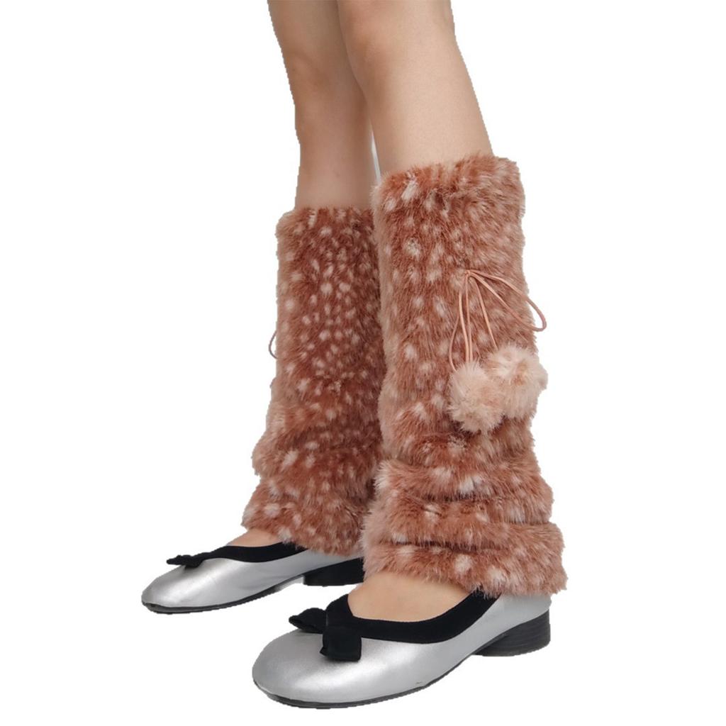 Brown Deer Pattern Artificial Fur Leg Warmers Warm Fur Fluffy Legs Warmth with Bow Tie and Fur Ball, for Women's