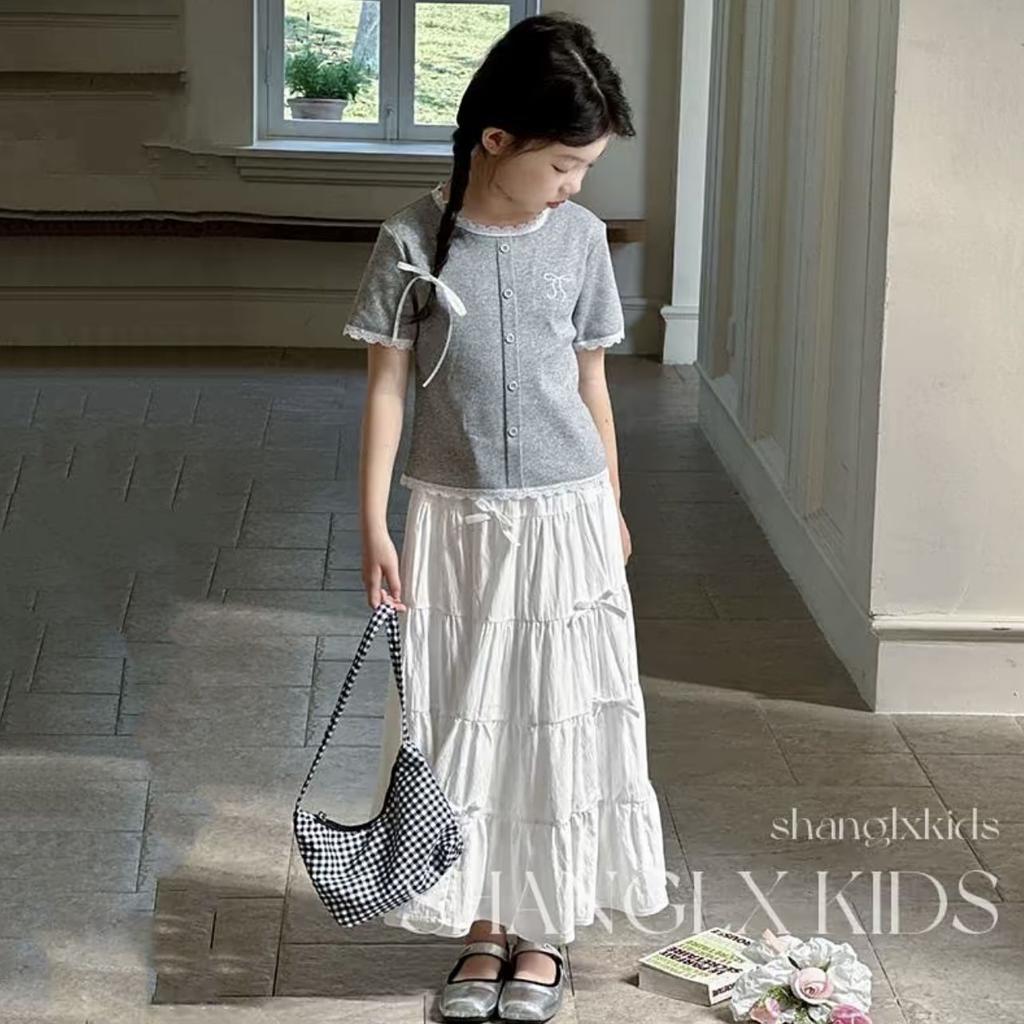 Summer Floral Grey Top and Cake Skirt Set Gentle and Stylish Girls' Two-piece Outfit for Middle and Older Children