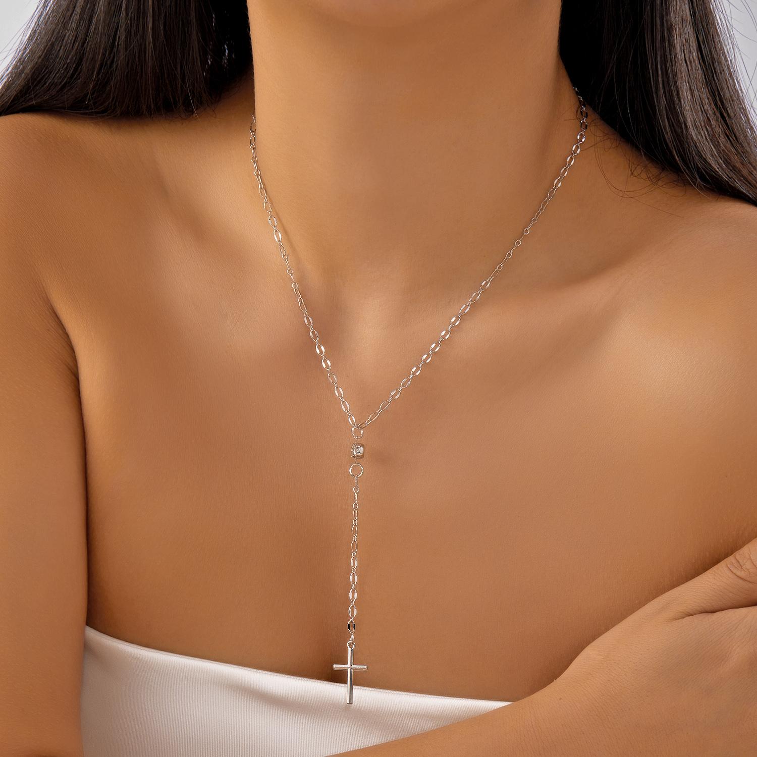 

Vintage Gold Color Long Chain Cross Drop Necklaces for Women Simple Metal Geometric Bead Tassel Choker Aesthetics Jewelry Gifts