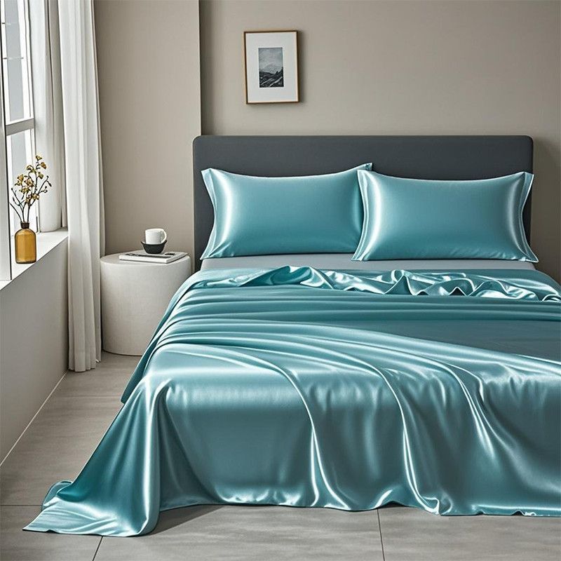 Ice Silk Bed Sheet Set Summer Cooling Solid Color Soft Durable Machine Washable Dormitory Single Bedding Set