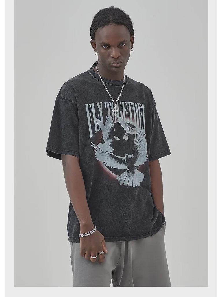 ARTIE Men's Retro Washed Peace Dove Cotton T-Shirt – Distressed Short-Sleeve Streetwear