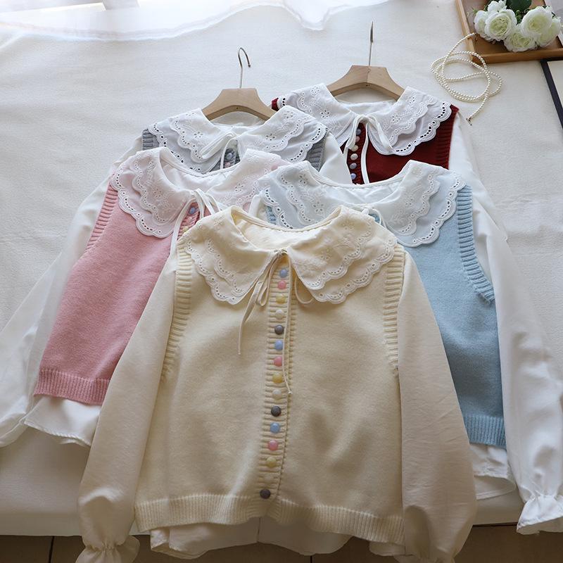Spring 2025 Korean Style Women's Peter Pan Collar Blouse + Knit Vest Set