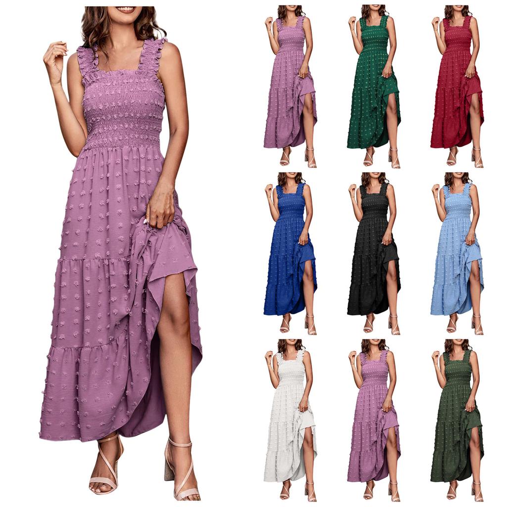 Womens Boho Sleeveless Smocked Maxi Dress Solid Shoulder Strap Dot Tank A-Line Swing Party Tiered Sundress