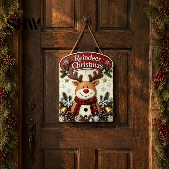 Christmas Tree Hanging Decorations Wooden Sign, Rustic Holiday Wall Decor with Santa Claus Door Hanger Reindeer And Snowman Patterns for Home & Window