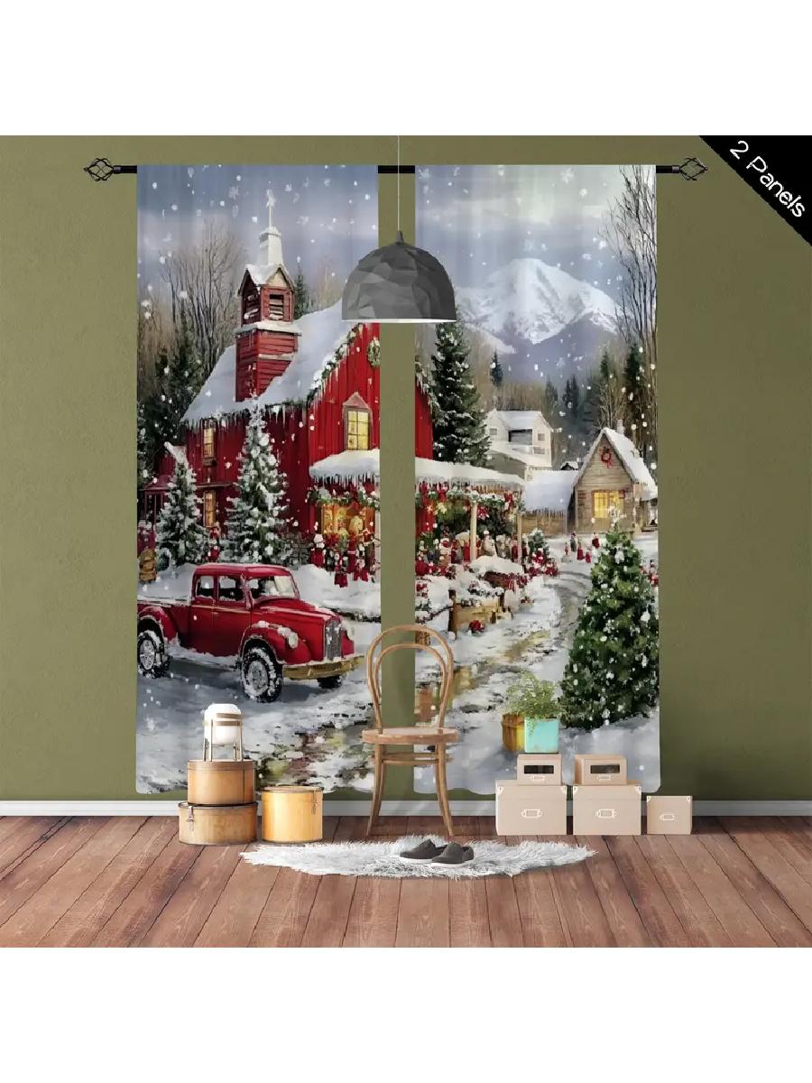 

Christmas Snowy Village Red Truck Printed Curtains Designed Quality Material Perfect Light Filtering Set Of 2 Made Polyester W100*H70(CM)-Rod Pocket&1PCS