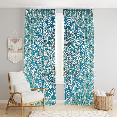 Krásne indické bohémske psychedelické hippie ombre okenné závesné panely do spálne, obývačky, na balkón (Zelená Modrá Kvetina)