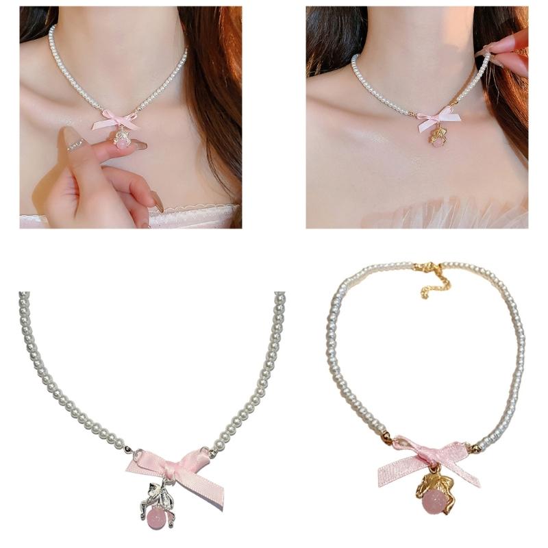 Bohemian Bowknot Pendant Necklace Elegant Choker Pearls Beaded Charm Necklace Neck Chain Fashion Summer Jewelry Gift